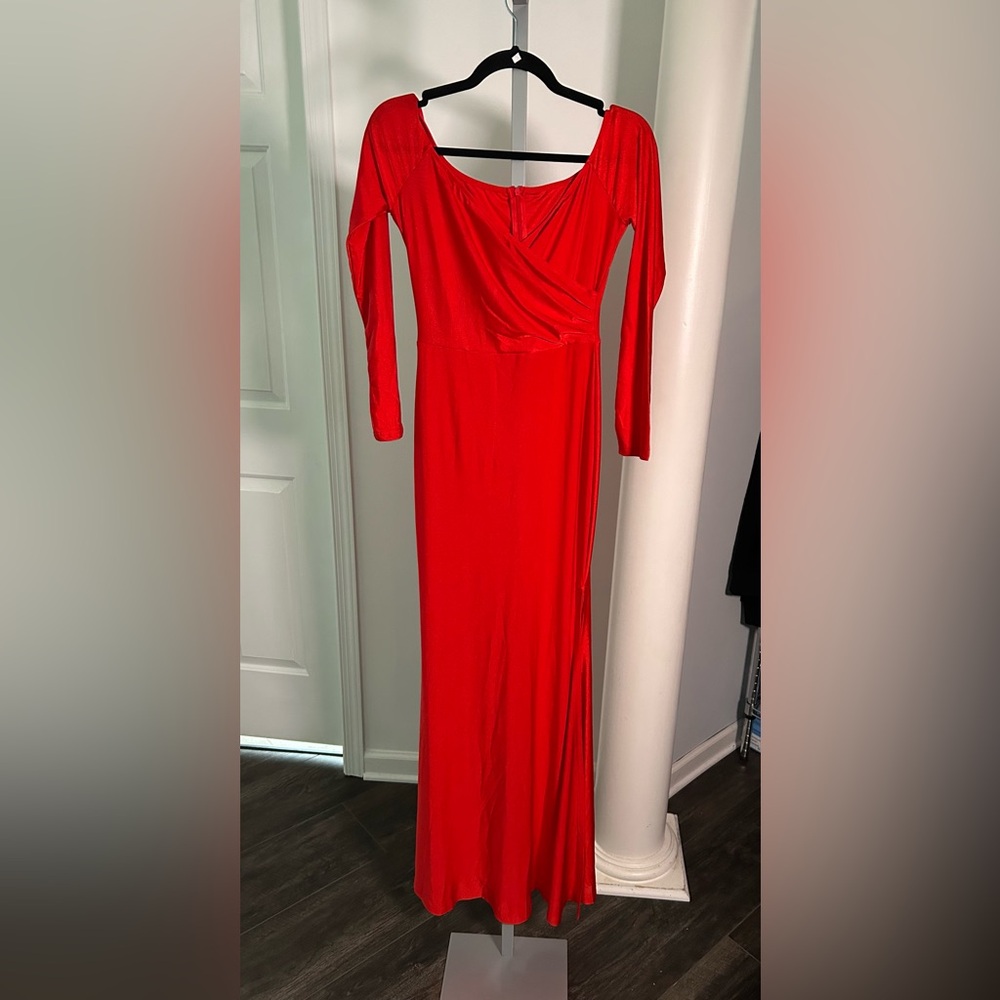 Solid Red long sleeve long red dress, wrap, zipper side slip small